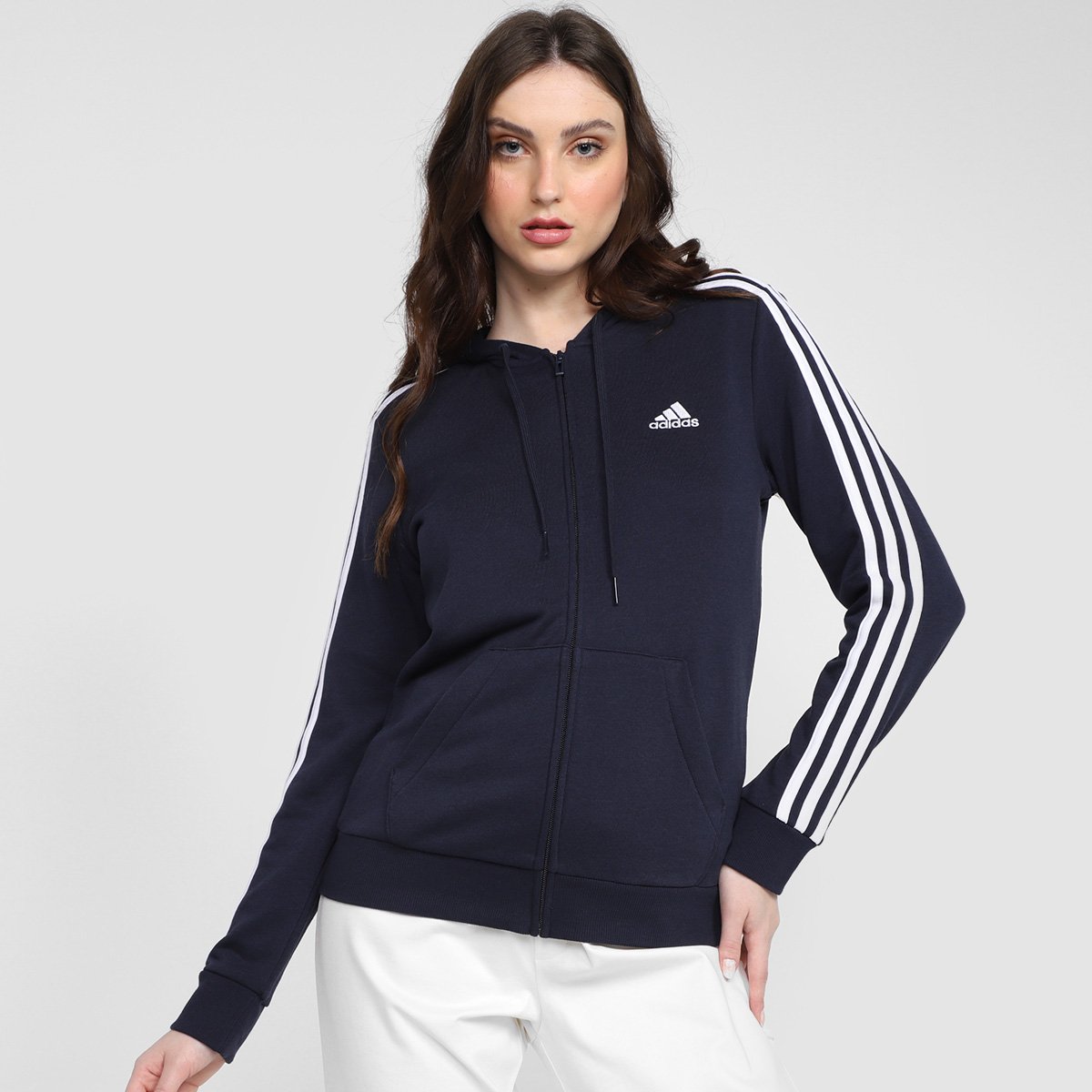 Jaqueta Moletom Adidas Capuz Zíper Essentials Stripes Feminina